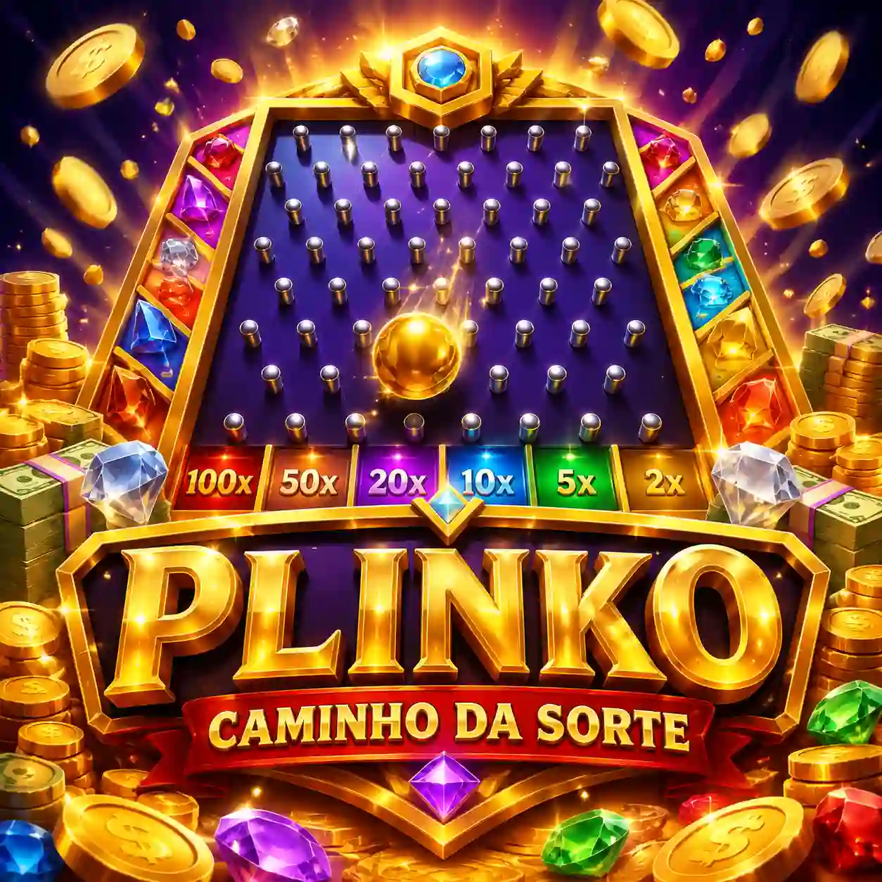 Plinko, bolinha caindo no tabuleiro com multiplicadores nos cantos